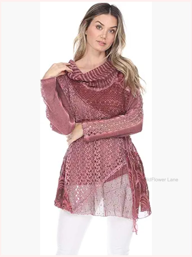 Lace Tunic Blouse Long Sleeve Cowl Neck Sheer Pullover Top